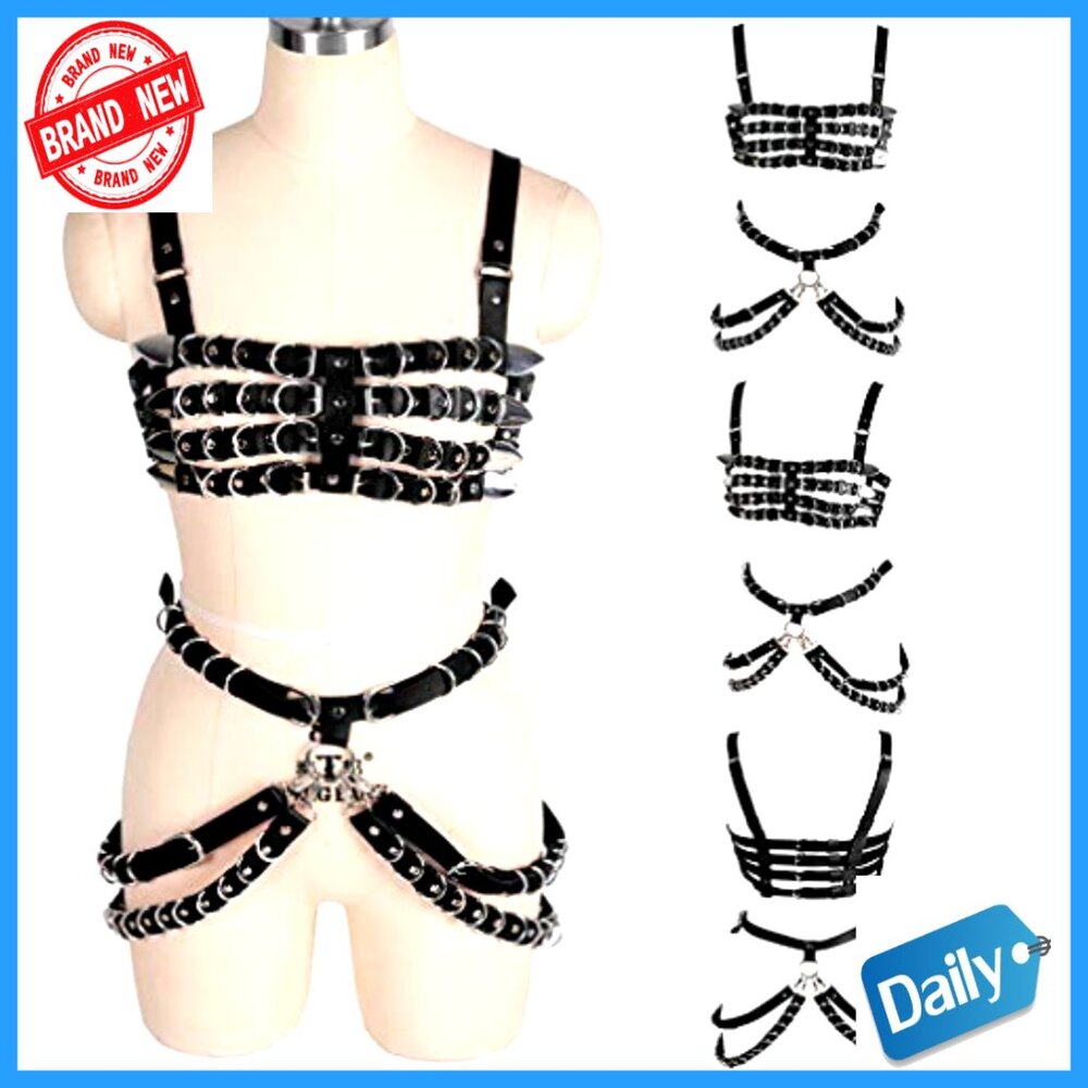 Leather Body Harness Bra Garter Belt Set, Adjustable Punk Gothic Costume - Picture 6 of 7